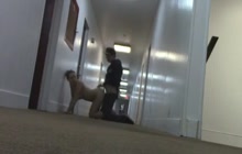 Horny couple fuck in the hallway and continue in the hotel room